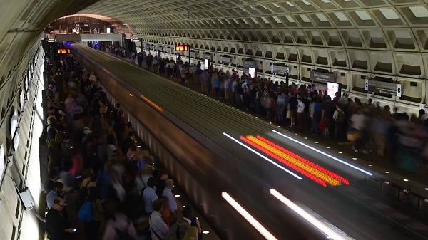 Gallery Place-China Town subway station in Washington, D.C. during rush hour.