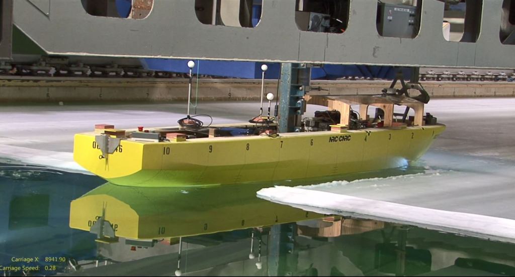 A polar ice breaking boat in ice water.