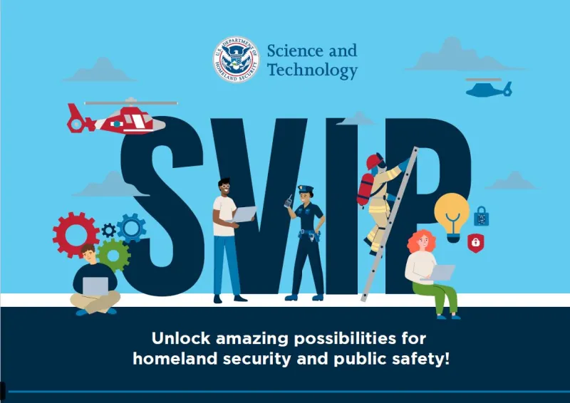 SVIP in large block letters surrounded by key images: a helicopter, gears, clouds, people working on their computers, a firefighter going up a ladder, and a police officier.