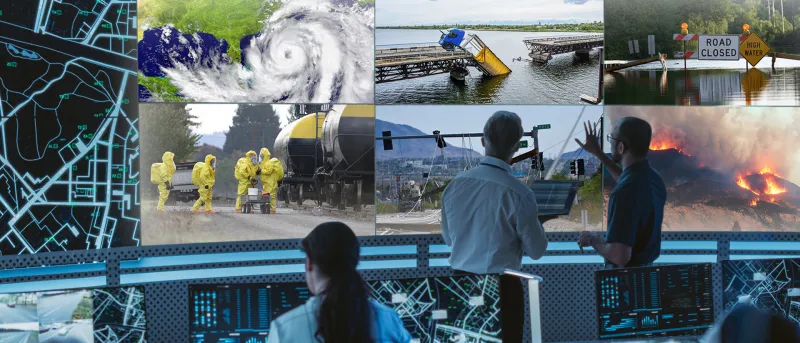 operations center showing various hazards on screens
