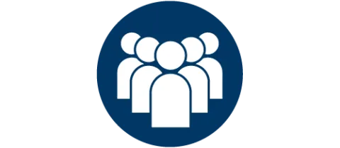 Dark blue circle with five white pins representing people
