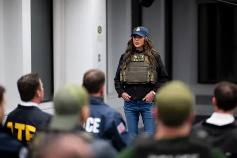 Caption: <p>Secretary Noem addressed the law enforcement agents and officers apart of the operation</p>