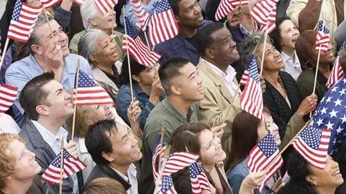 crowd with American flags