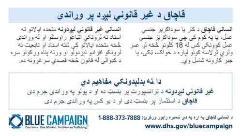 Pashto Indicator Card describing the differences between human trafficking and human smuggling.  These are not interchangeable terms Smuggling is transportation-based and is a crime against a border Trafficking is exploitation-based and is a crime against a person Report Human Trafficking: 1-866-347-2423 www.dhs.gov/bluecampaign  