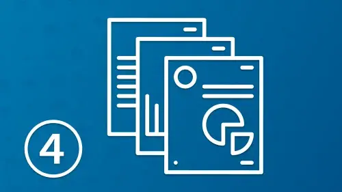 Icon indicating step 4 and sheets of paper filled with data