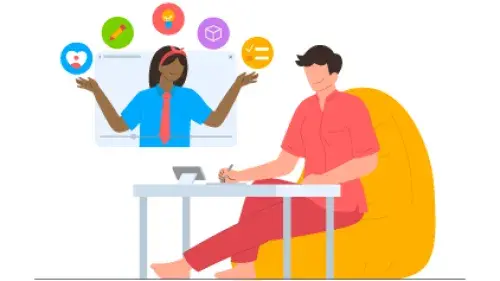 Graphic showing a person teaching another person who is sitting and taking notes learning about CX.