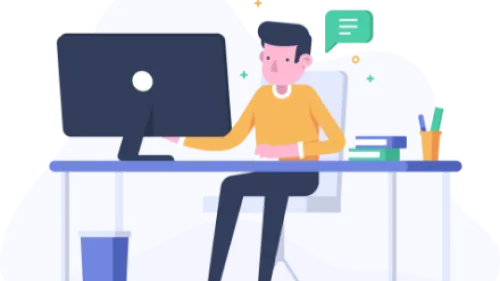 An image of a person in a yellow shirt, communicating via desktop computer