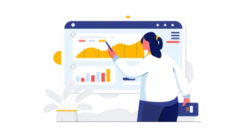 A woman standing in front of an image board containing charts and graphs, she is using a pointer to edit the image