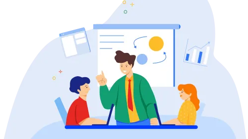 Three people sitting in front of a projector screen having a discussion abotu CX
