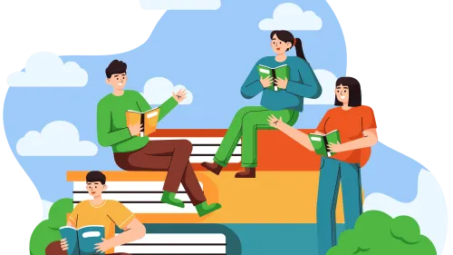A group of four people sitting together and reading books