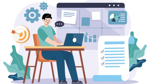A person sits at a desk and and researches plans