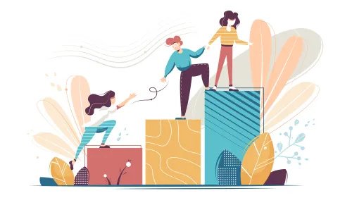 Three women climbing up a bar graph and helping one another