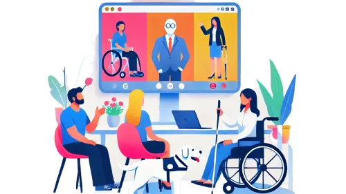 Small group of disabled people around a table watching a presentation on a computer screen