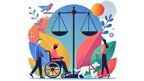 Person in a wheelchair and woman with a seeing eye dog with the scales of justice in the background