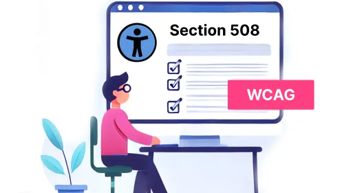 Person with pink shirt wearing glasses sitting at a desk looking at computer screen with Section 508 topics displayed on the screen