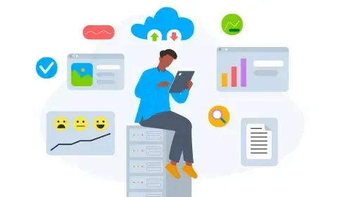 Illustration of a person sitting on a file cabinet reading a book with graphics representing 508 Testing Tools all around him.
