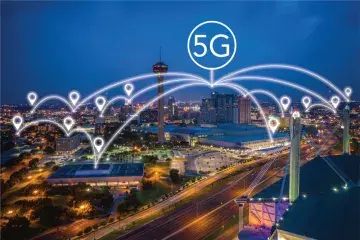 Map showing graphic representation of 5G connections over a city.