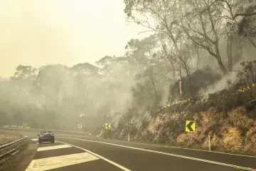 A car is pulled off to the side of a tree-lined road in the WUI. Smoke from a wildfire hangs in the air and throughout the woods and brush.