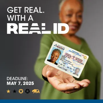 Get Real with a REAL ID. Deadline May 7, 2025. Individual with a driver's license in hand
