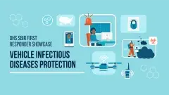 A photo with the title "DHS SBIR First Responder Showcase -Vehicle Infectious Diseases Protection and icons of first responders, a drone, a lock, a phone screen, a walkie talkie, and a woman at her computer.