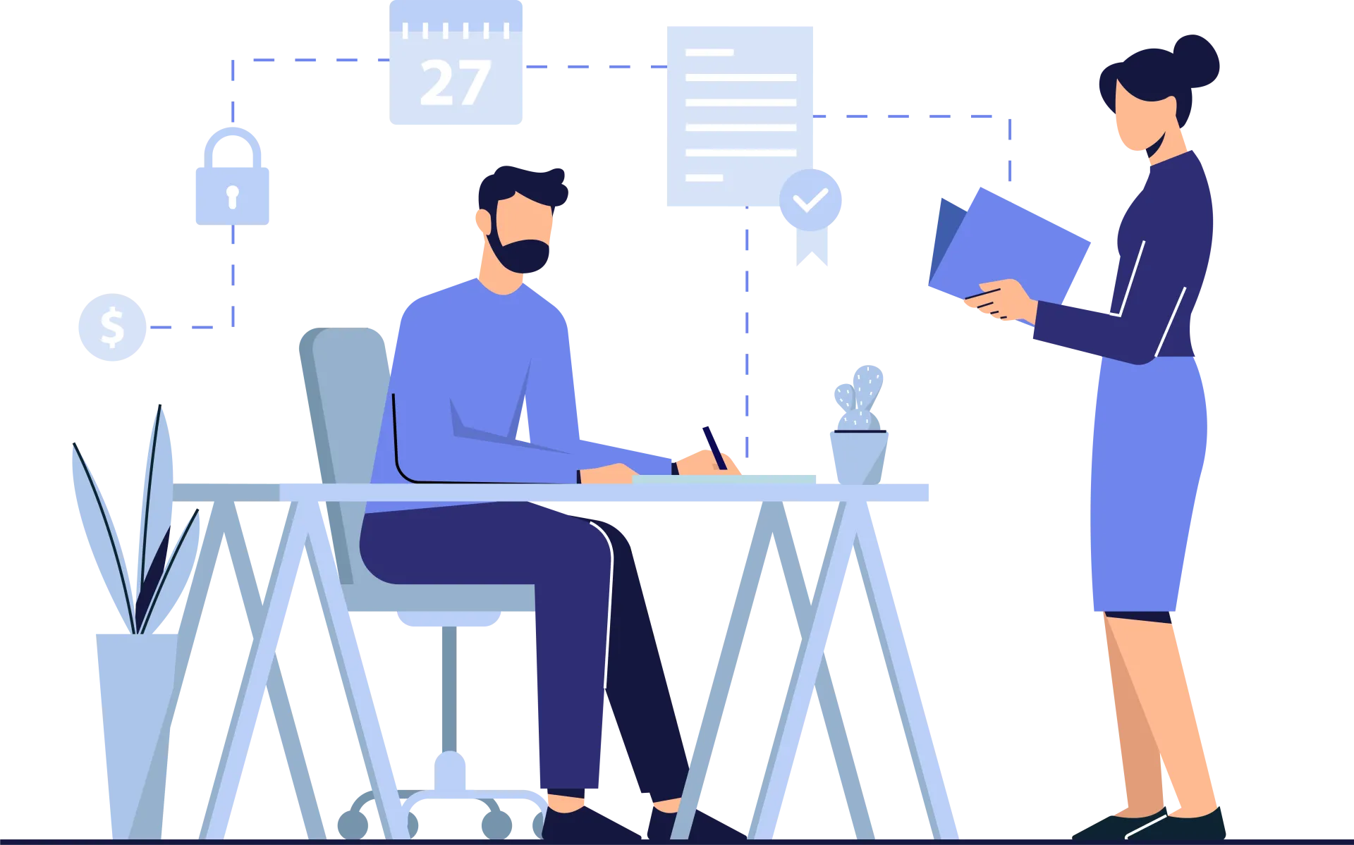 A man sitting at a desk and a woman, who is standing, disucss plans and goals